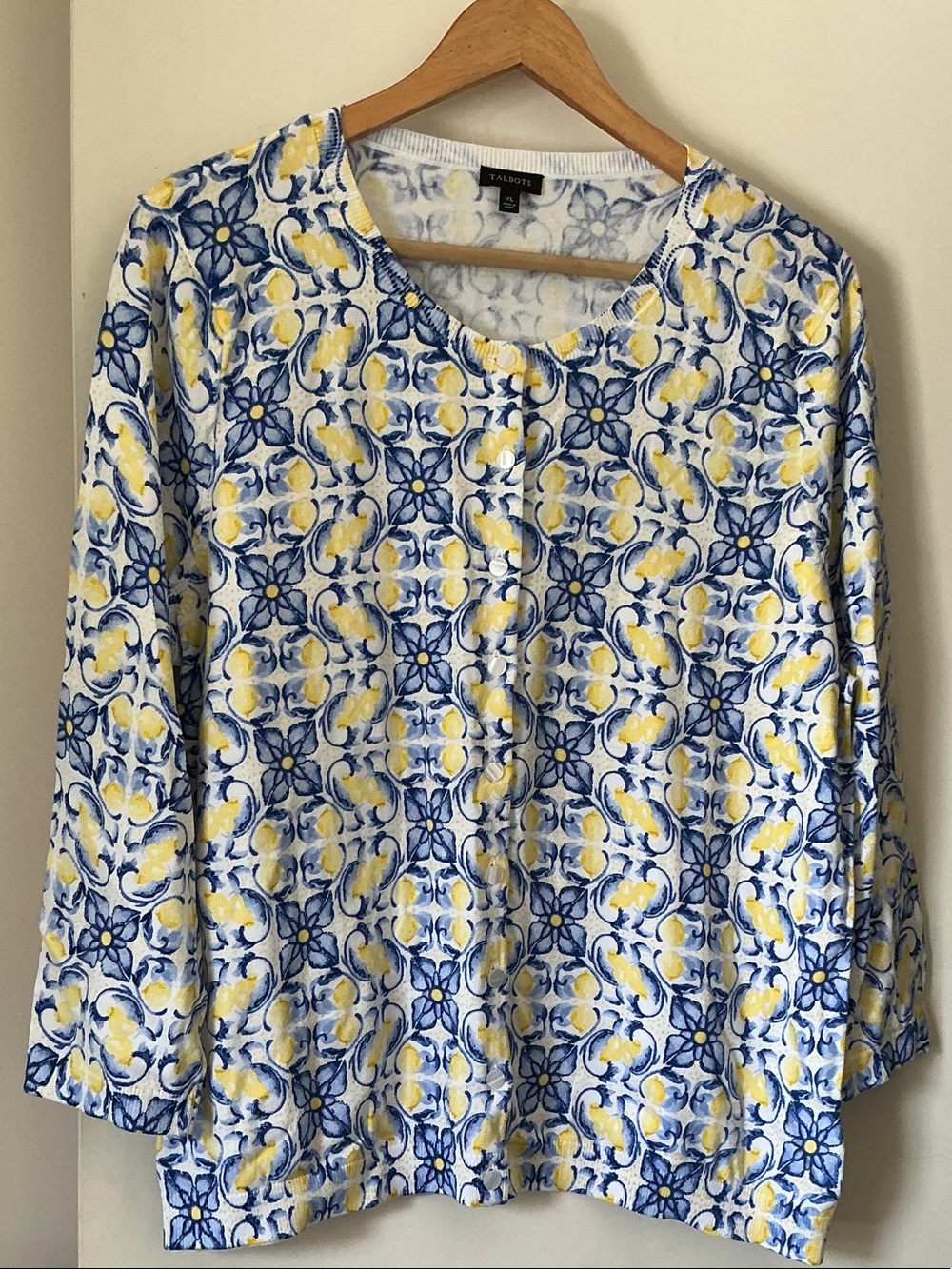 Talbots Blue and Yellow Floral-Print Button Front Top/cardigan